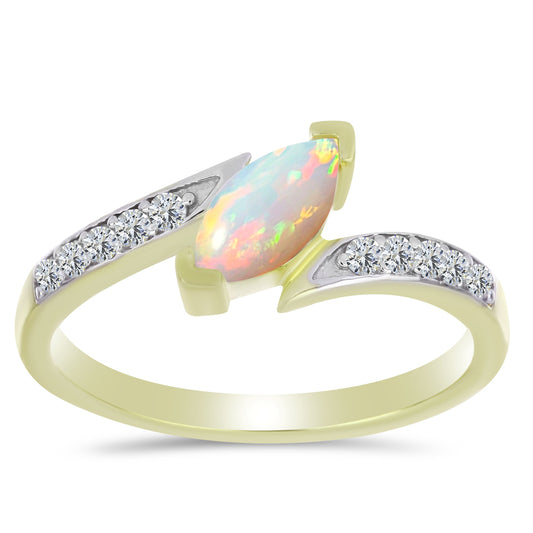 Pozlacené Stříbro 925/1000 - Prsten s Etiopským Opálem z Lega Dembi a Bílým Topazem - Karátové číslo: 0.6. přibližná hmotnost: 2.36 gramů