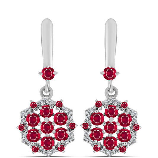 Stříbro 925/1000 - Náušnice s Madagaskarským Rubínem a Bílým Topazem - Karátové číslo: 2.91. přibližná hmotnost: 5.68 gramů