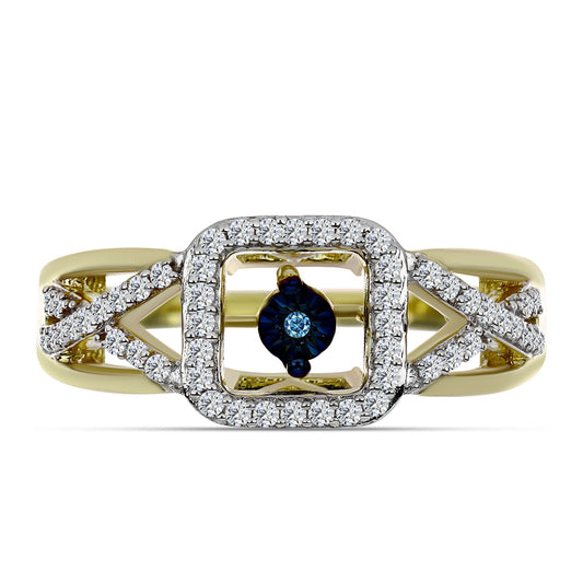 Pozlacené Stříbro 925/1000 - Prsten s Modrým tančícím diamantem a Bílým Topazem - Karátové číslo: 0.37. přibližná hmotnost: 4.65 gramů