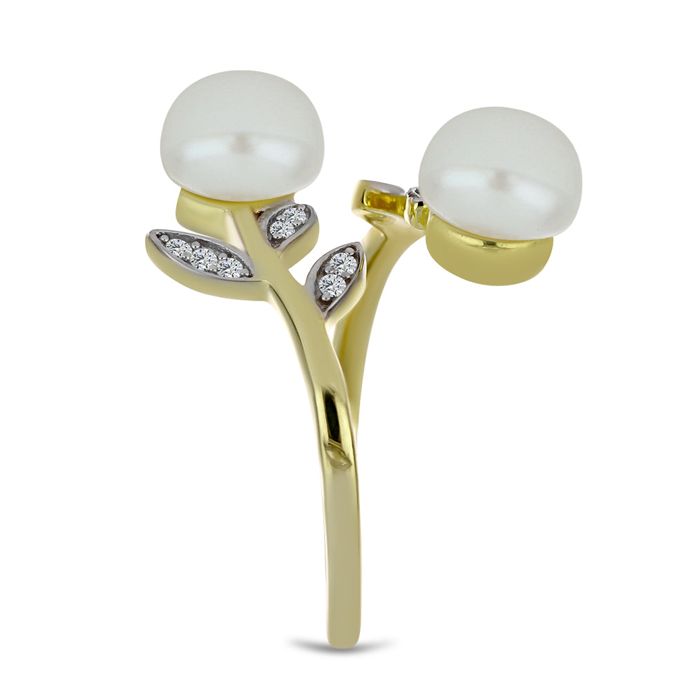 Pozlacený Stříbrný Prsten s Bílou Sladkovodní Perlou a Bílým Topazem