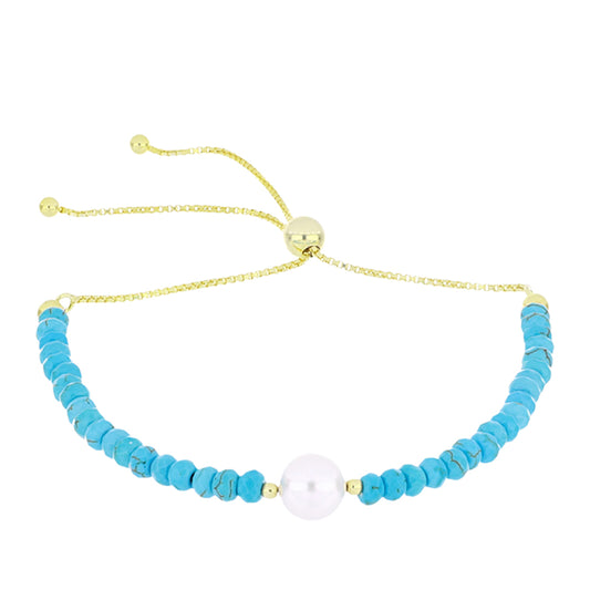 Pozlacené Stříbro 925/1000 - Náramek s Tyrkysem Sleeping Beauty a Bílou Sladkovodní Perlou - Karátové číslo: 14.25. přibližná hmotnost: 4.7 gramů