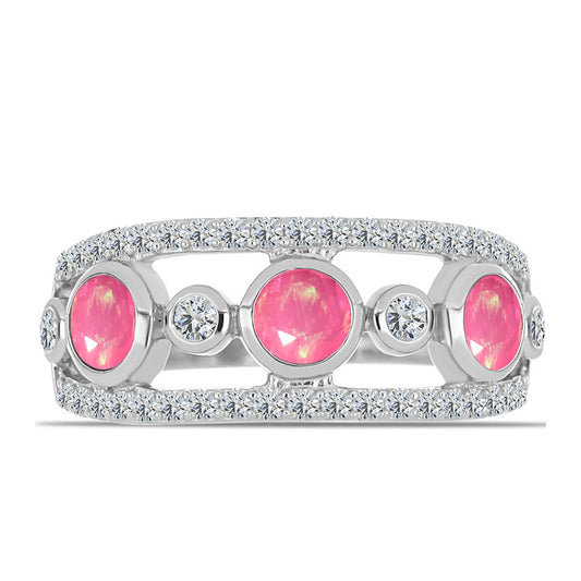 Stříbro 925/1000 - Prsten s Růžovým Opálem z Lega Dembi a Bílým Topazem - Karátové číslo: 1.07. přibližná hmotnost: 3.78 gramů