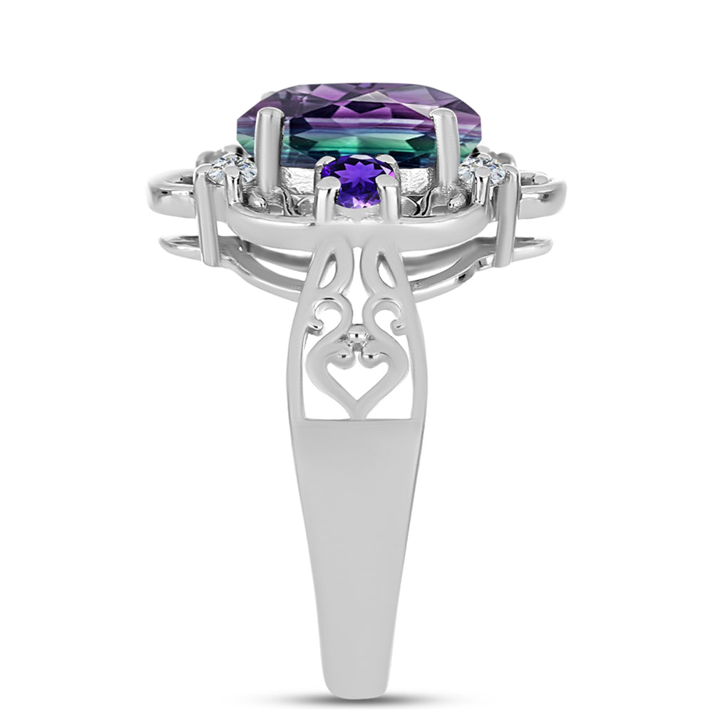 Stříbro 925/1000 - Prsten se Zebra Fluoritem a Marockým Ametystem - Karátové číslo: 3.54. přibližná hmotnost: 4.51 gramů