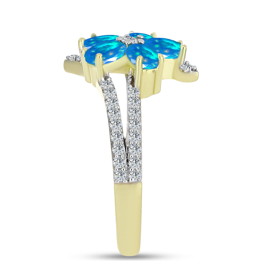 Pozlacené Stříbro 925/1000 - Prsten s Etiopským Nebeským Opálem a Bílým Topazem - Karátové číslo: 1.28. přibližná hmotnost: 3.36 gramů