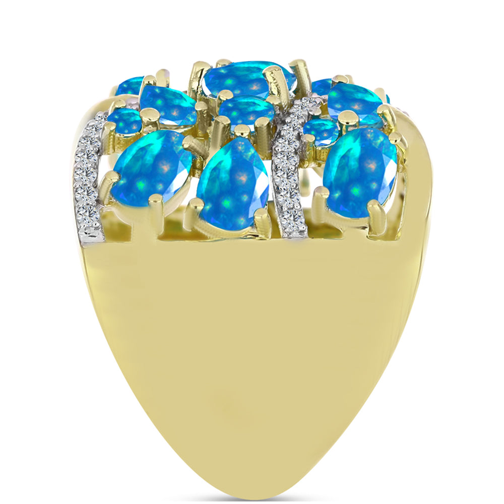 Pozlacené Stříbro 925/1000 - Prsten s Etiopským Nebeským Opálem a Bílým Topazem - Karátové číslo: 3.09. přibližná hmotnost: 9.38 gramů