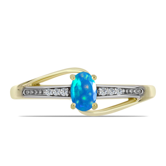 Pozlacené Stříbro 925/1000 - Prsten s Etiopským Nebeským Opálem a Bílým Topazem - Karátové číslo: 0.31. přibližná hmotnost: 2.68 gramů