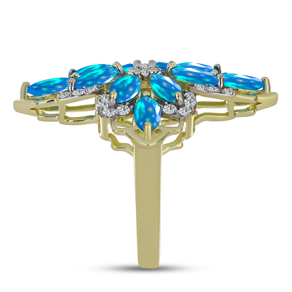 Pozlacené Stříbro 925/1000 - Prsten s Etiopským Nebeským Opálem a Bílým Topazem - Karátové číslo: 2.34. přibližná hmotnost: 5.54 gramů