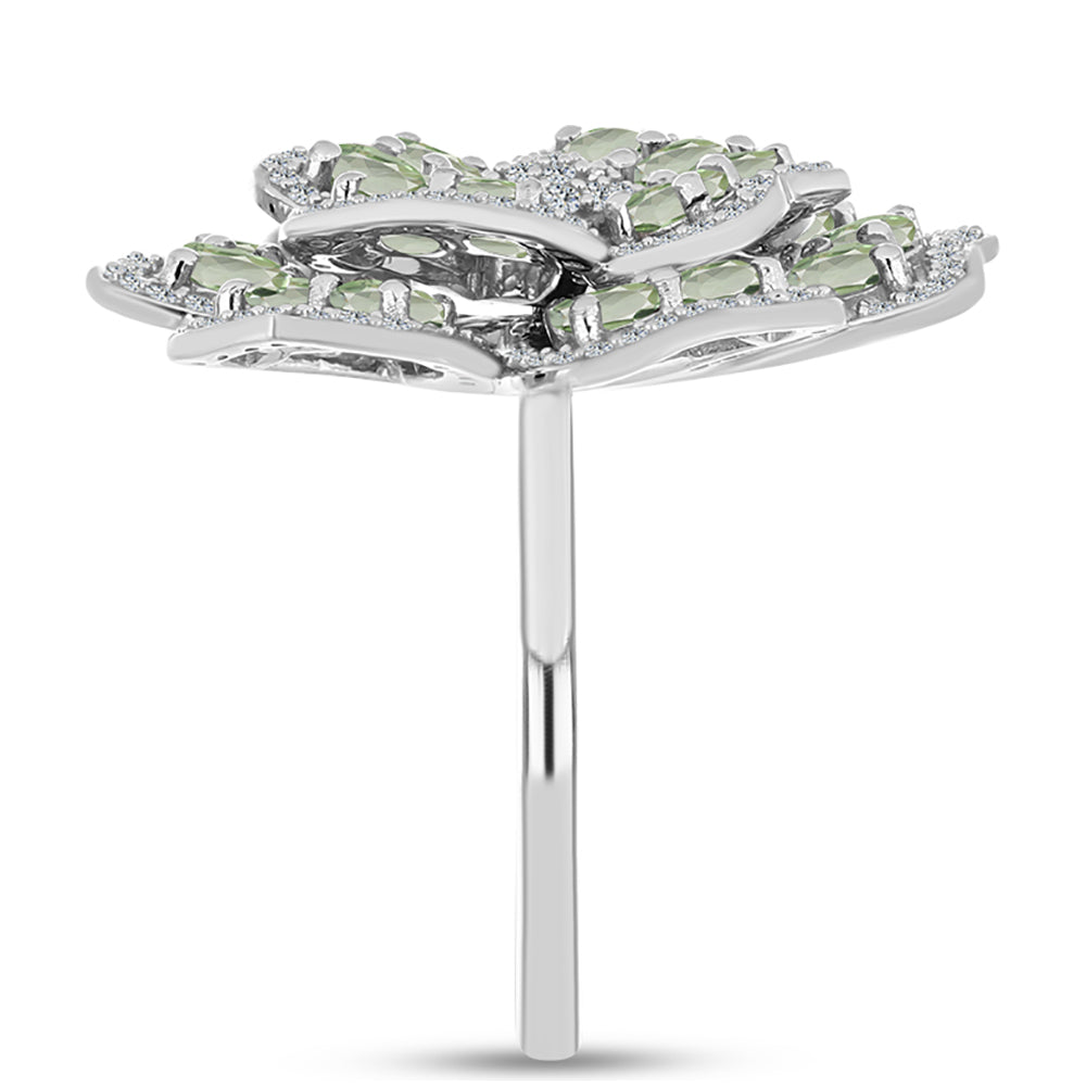 Stříbro 925/1000 - Prsten se Zeleným Ametystem a Bílým Topazem - Karátové číslo: 4.11. přibližná hmotnost: 8.54 gramů