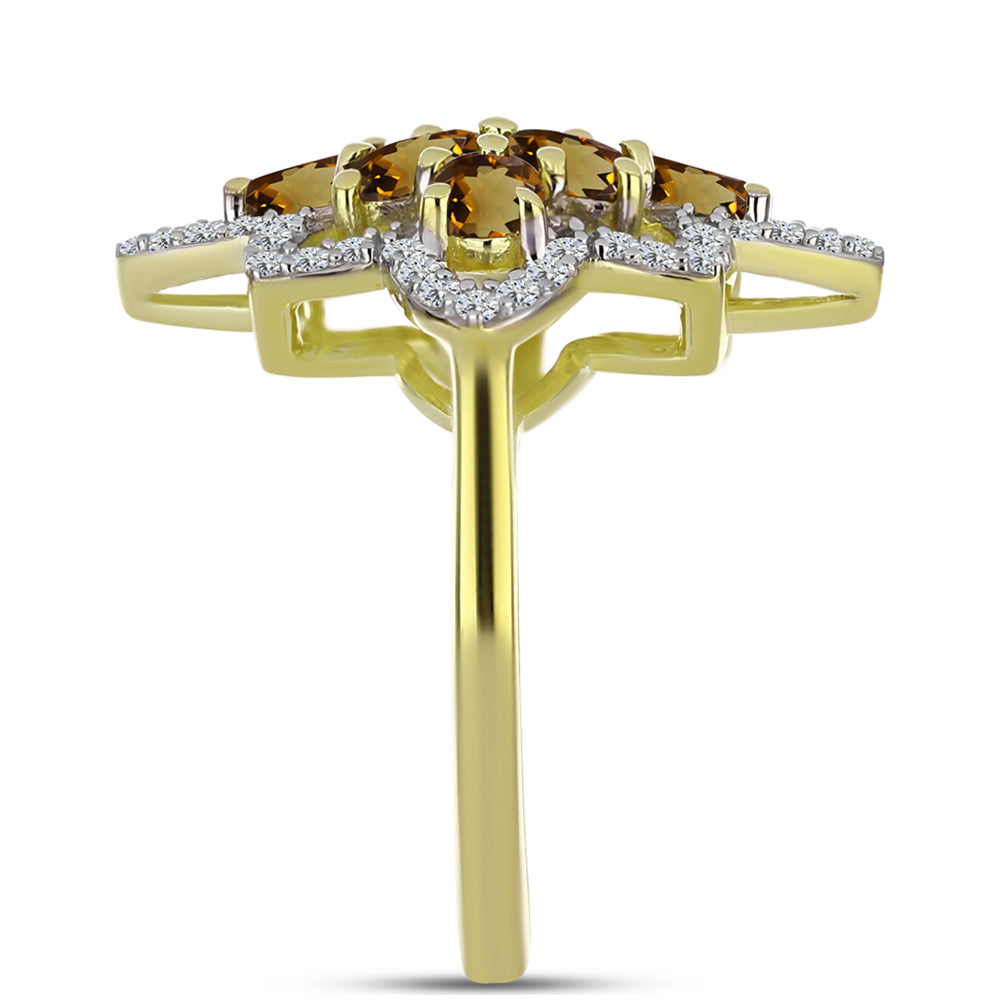 Pozlacené Stříbro 925/1000 - Prsten s Koňakovým Křemenem a Bílým Topazem - Karátové číslo: 2.2. přibližná hmotnost: 4.36 gramů