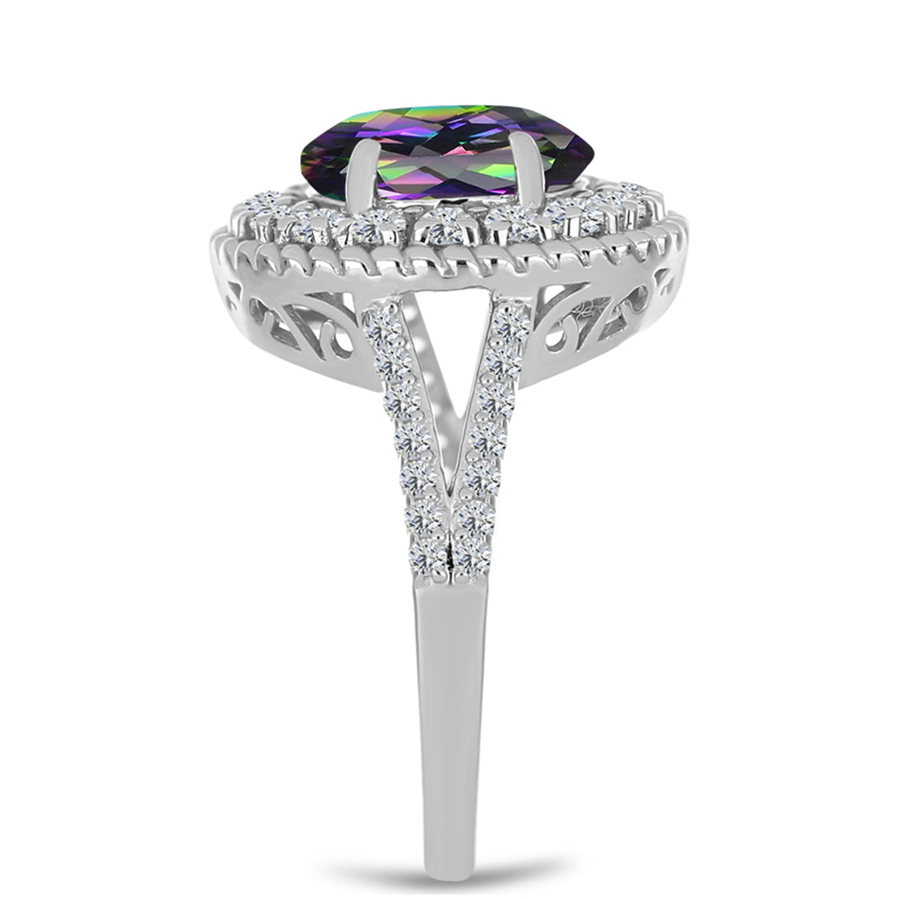 Stříbro 925/1000 - Prsten s Brazilským Mystickým Zeleným Křemenem a Bílým Topazem - Karátové číslo: 3.27. přibližná hmotnost: 4.58 gramů