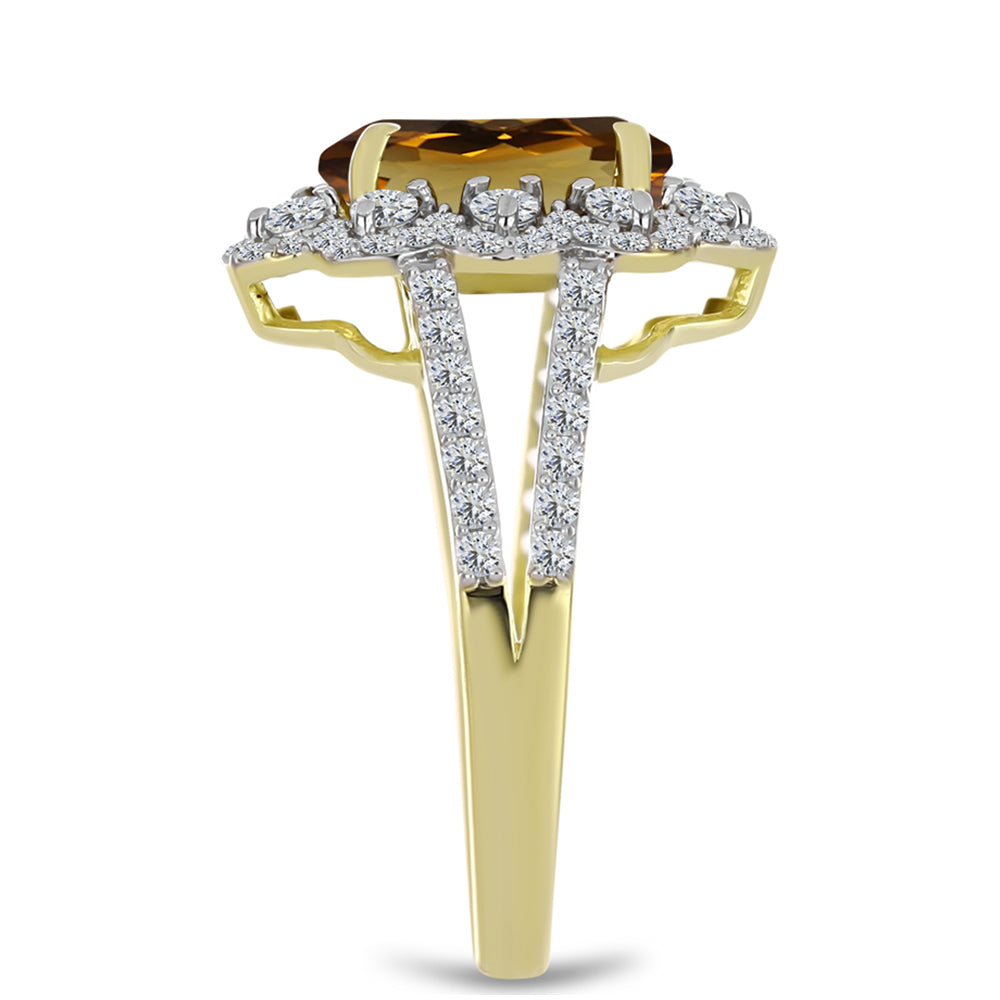 Pozlacené Stříbro 925/1000 - Prsten s Koňakovým Křemenem a Bílým Topazem - Karátové číslo: 3.22. přibližná hmotnost: 3.61 gramů