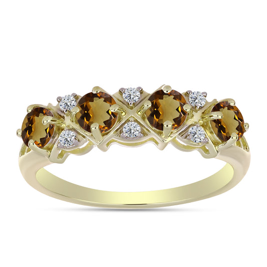 Pozlacené Stříbro 925/1000 - Prsten s Koňakovým Křemenem a Bílým Topazem - Karátové číslo: 1.1. přibližná hmotnost: 2.52 gramů