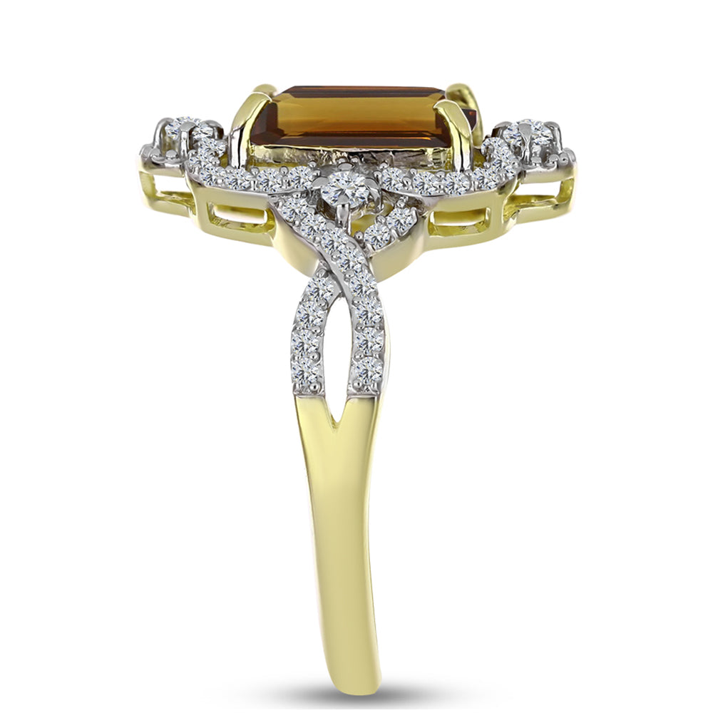 Pozlacené Stříbro 925/1000 - Prsten s Koňakovým Křemenem a Bílým Topazem - Karátové číslo: 3.29. přibližná hmotnost: 4.19 gramů