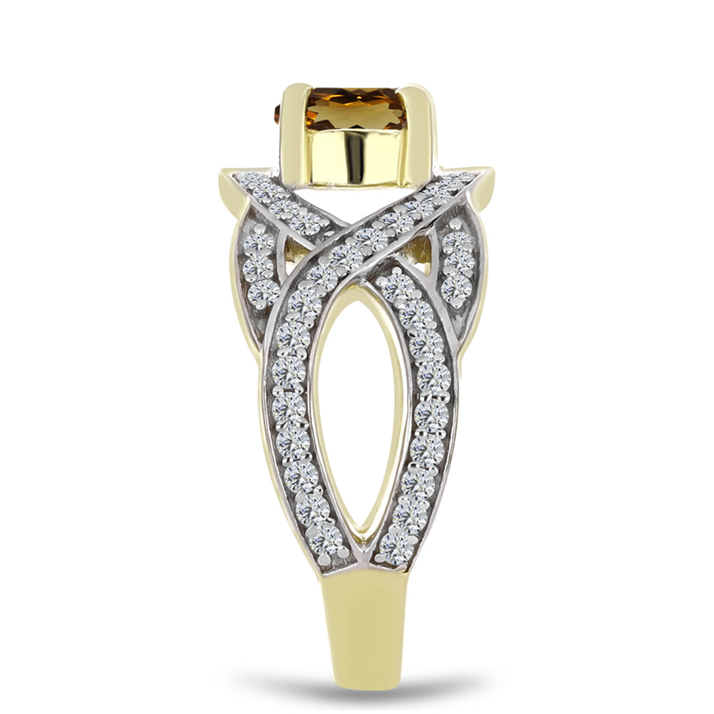 Pozlacené Stříbro 925/1000 - Prsten s Koňakovým Křemenem a Bílým Topazem - Karátové číslo: 1.41. přibližná hmotnost: 3.62 gramů