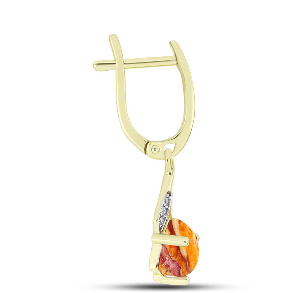 Pozlacené Stříbro 925/1000 - Náušnice s jaspisem (Lví tlapa) a Bílým Topazem - Karátové číslo: 2.63. přibližná hmotnost: 3.8 gramů