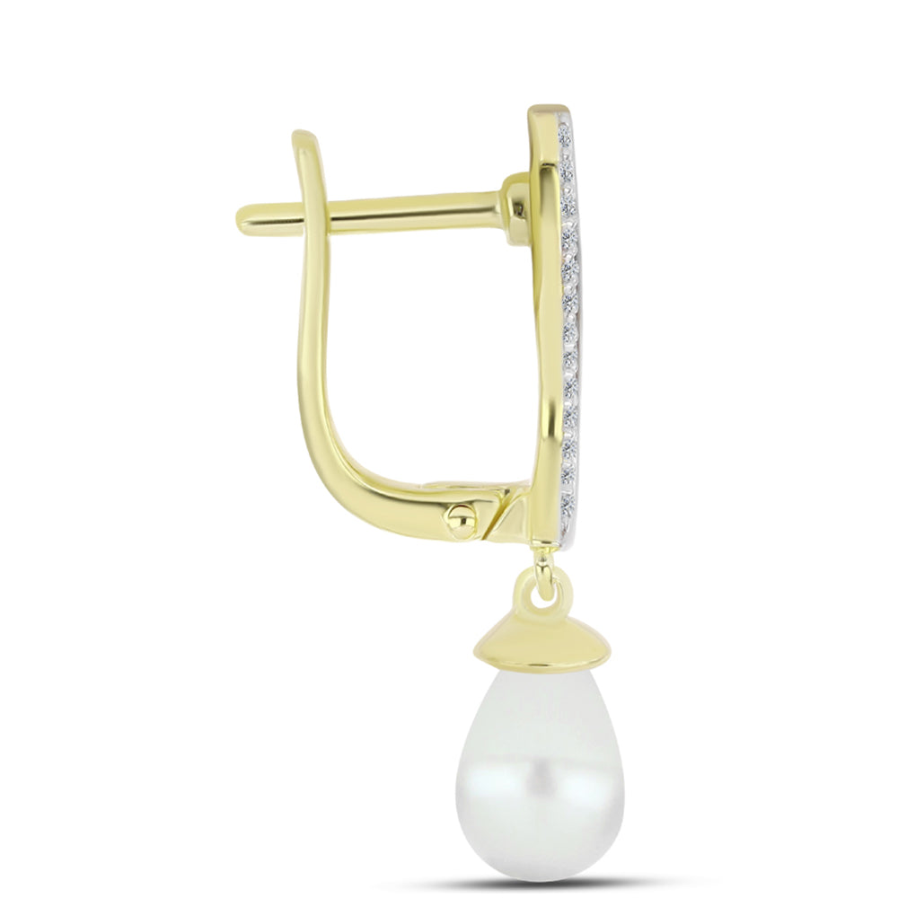 Pozlacené Stříbro 925/1000 - Náušnice s Bílou Sladkovodní Perlou a Bílým Topazem - Karátové číslo: 5.64. přibližná hmotnost: 4.62 gramů