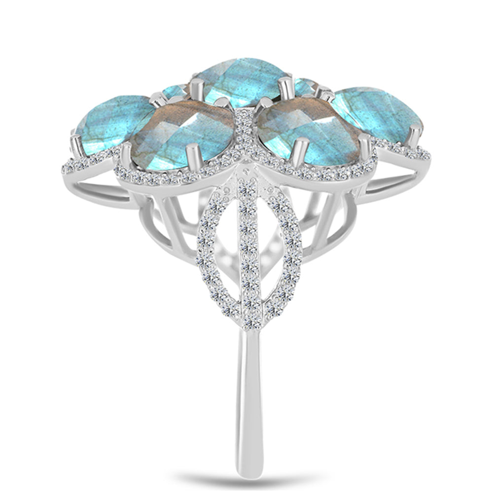 Stříbro 925/1000 - Prsten s Labradoritem z Gullgruvene a Bílým Topazem - Karátové číslo: 10.15. přibližná hmotnost: 7.12 gramů