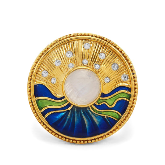 Pozlacené Stříbro 925/1000 - Prsten s Duhovým Měsíčním Kamenem a Bílým Topazem - Karátové číslo: 2.6. přibližná hmotnost: 7.16 gramů