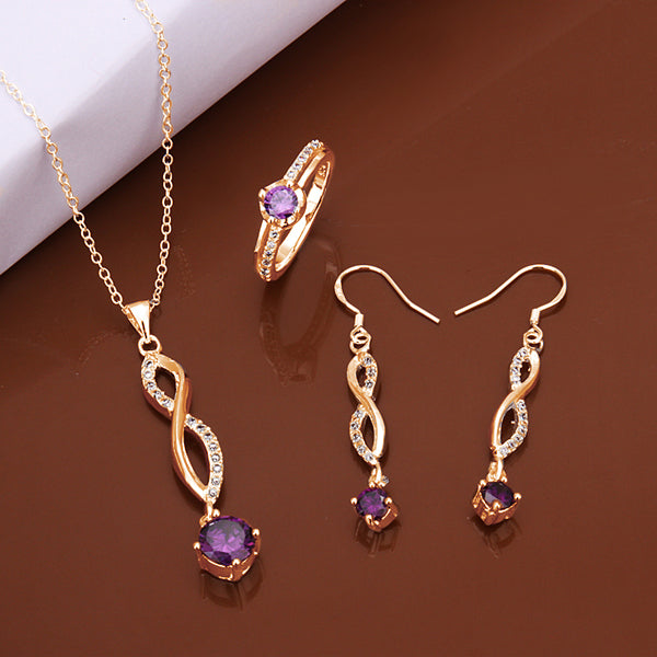 Pozlacená Slitinová Sada s Fialovým Emporia® Křišťálem ( Náhrdelník+Náušnice+Prsten )
