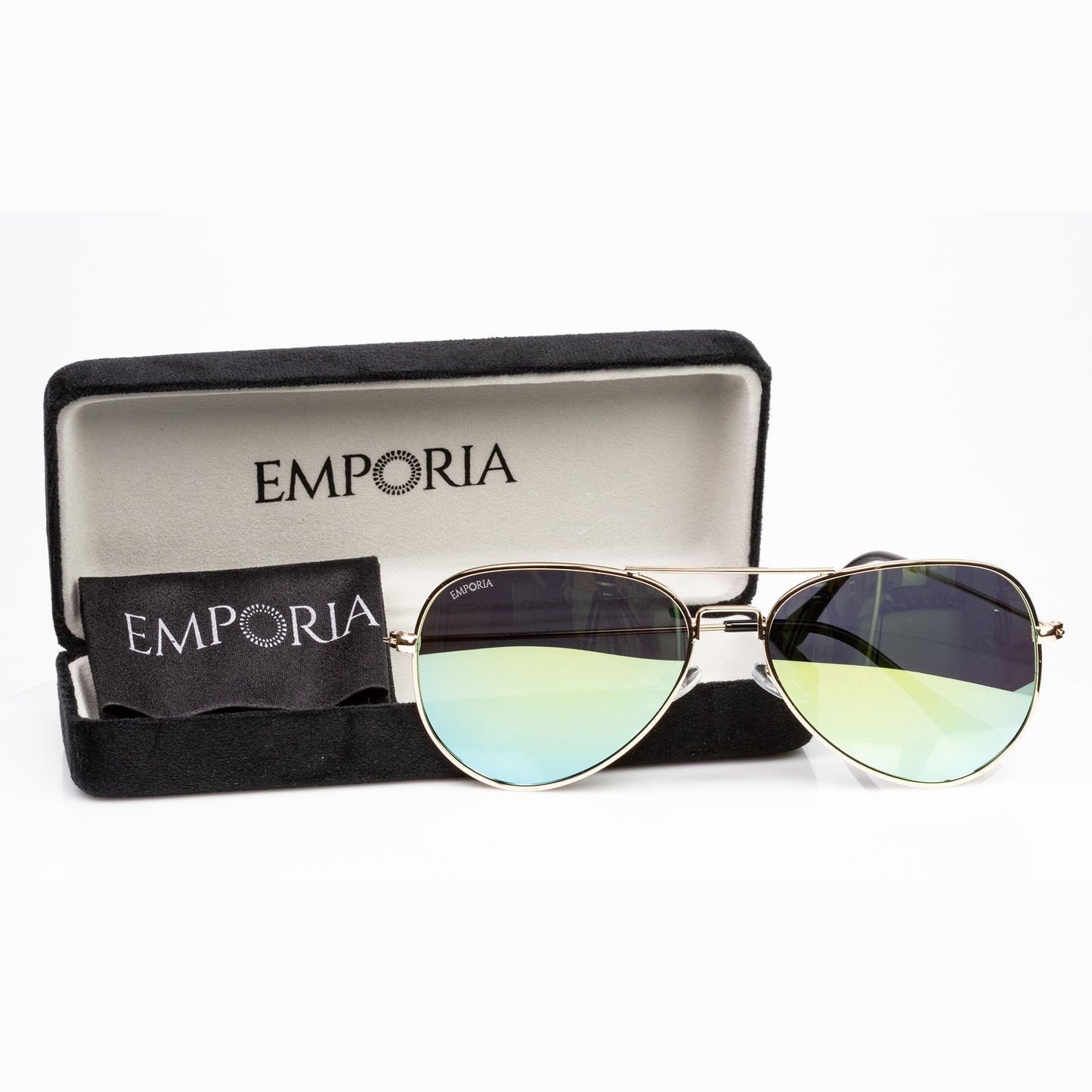 Emporia Italy - série Aviator "DŽUNGLE", polarizované sluneční brýle s pevným pouzdrem a čisticím hadříkem, žlutozelené čočky, obroučky zlaté barvy