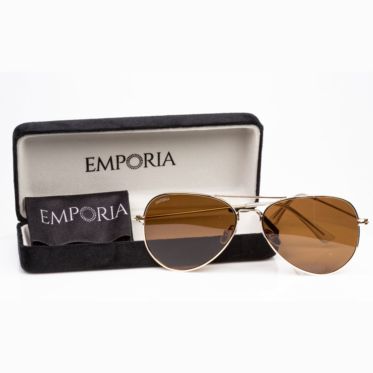 Emporia Italy - série Aviator "POUŠŤ", polarizované sluneční brýle s UV filtrem, s pevným pouzdrem a čisticím hadříkem, světle hnědé čočky, obroučky zlaté barvy