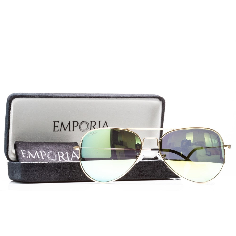 Emporia Italy - série Aviator "DŽUNGLE", polarizované sluneční brýle s pevným pouzdrem a čisticím hadříkem, žlutozelené čočky, obroučky zlaté barvy