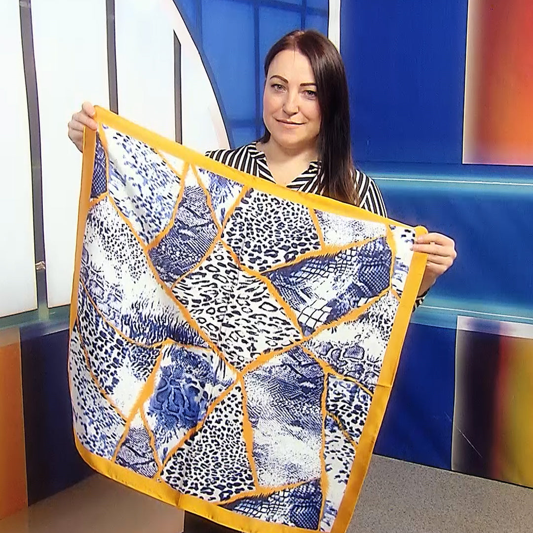 Šála-šátek s Hadím a Leopardím vzorem, modrá a oranžová, 70 cm x 70 cm