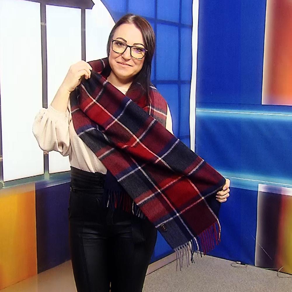 Šála ze 100% Pravé Vlny, 30 cm x 165 cm, Vínový a Námořnicky modrý vzor