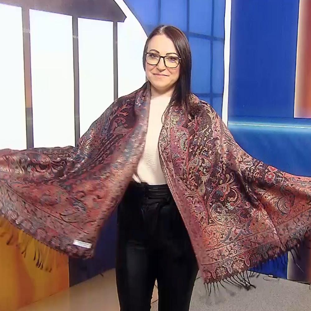 Šála-šátek ze 100% Pravého Pashmina Kašmíru, 70 cm x 180 cm, Černá s barevným vzorem