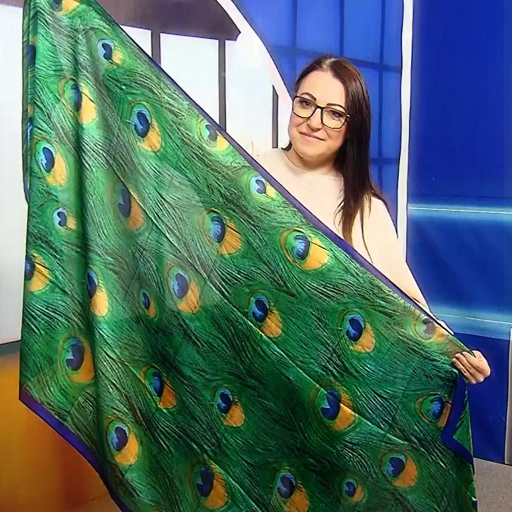 Hedvábná Šála-šátek, 90 cm x 180 cm, Paví pero, Zelená