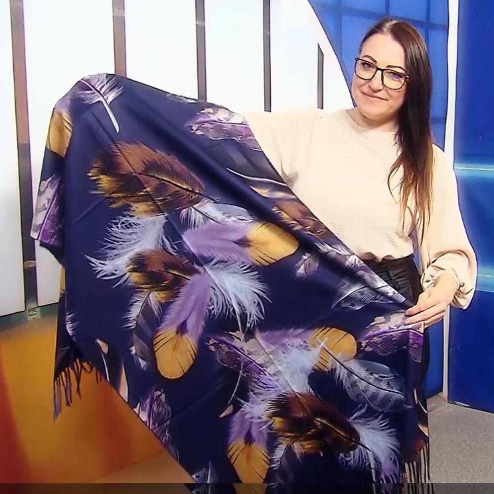 Vlněná šála-šátek, 70 cm x 180 cm, Motiv peří, Námořnická modrá