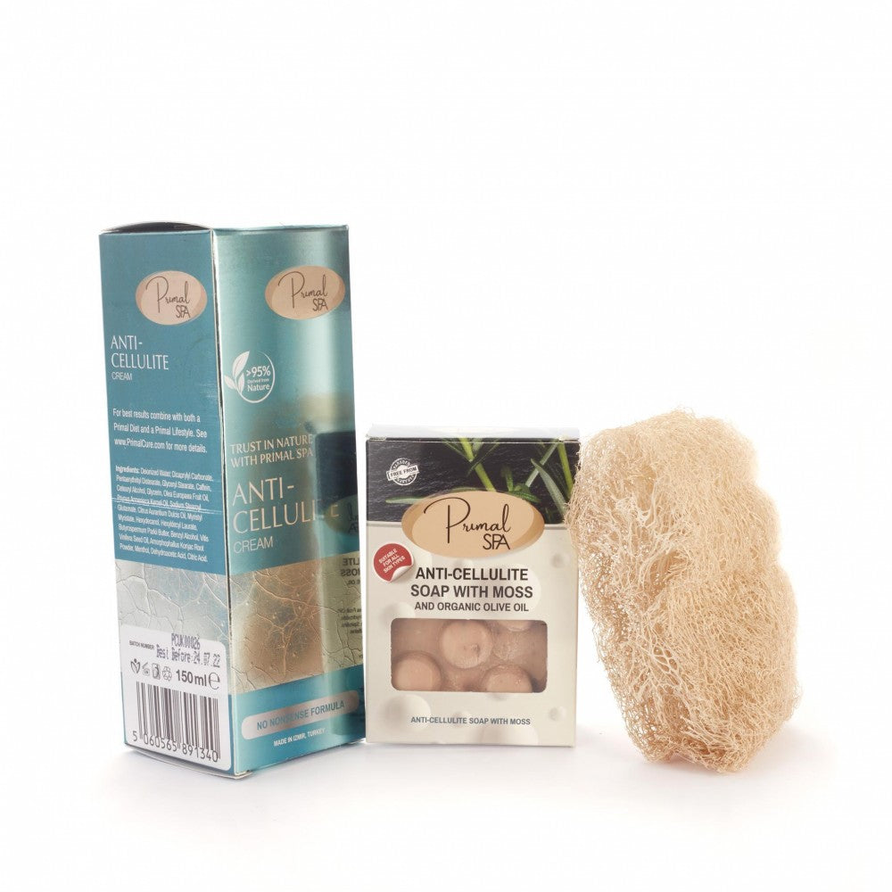 Prémiový Balíček proti Celulitidě ze 100% Přírodních Ingrediencí - Krém, Mýdlo a Houba