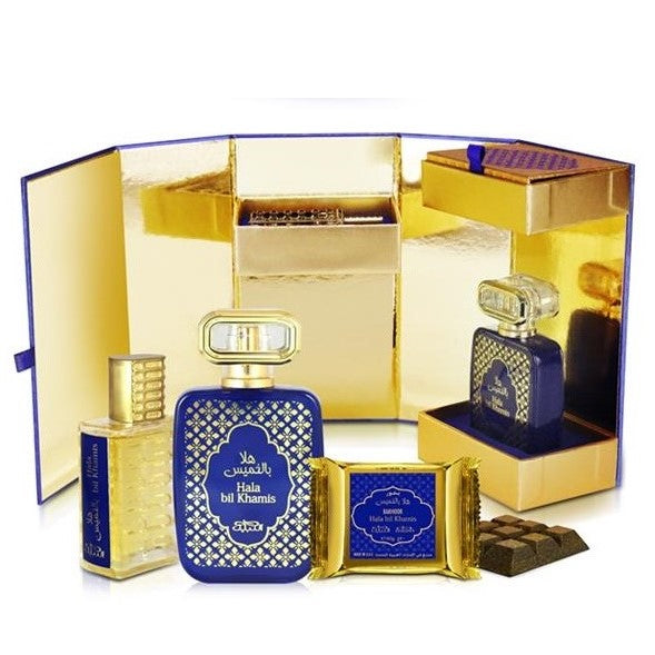50 ml Eau de Parfum + 20ml Parfémový Olej + 40g Bakhoor Hala Bil Khamis DÁRKOVÉ BALENÍ Dřevitá-Kořeněná-Květinová Vůně pro Muže a Ženy