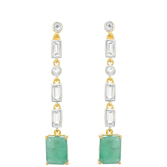 Pozlacené Stříbro 925/1000 - Náušnice s Brazilským Smaragdem a Bílým Topazem - Karátové číslo: 4.76. přibližná hmotnost: 3.67 gramů