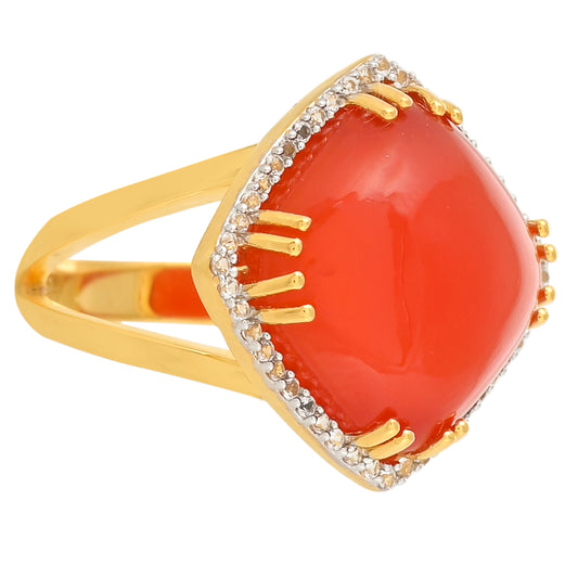 Pozlacené Stříbro 925/1000 - Prsten s Karneolem a Bílým Topazem - Karátové číslo: 9.69. přibližná hmotnost: 6.01 gramů