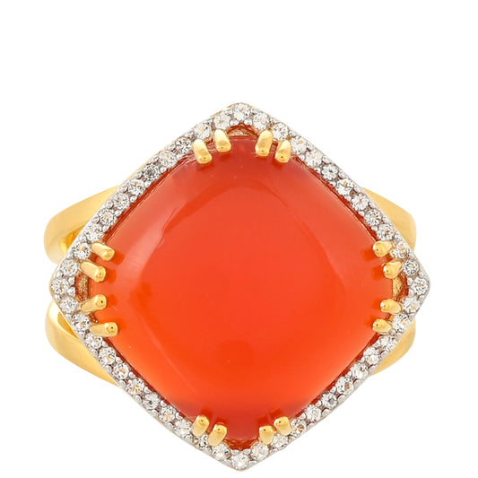 Pozlacené Stříbro 925/1000 - Prsten s Karneolem a Bílým Topazem - Karátové číslo: 9.69. přibližná hmotnost: 6.01 gramů