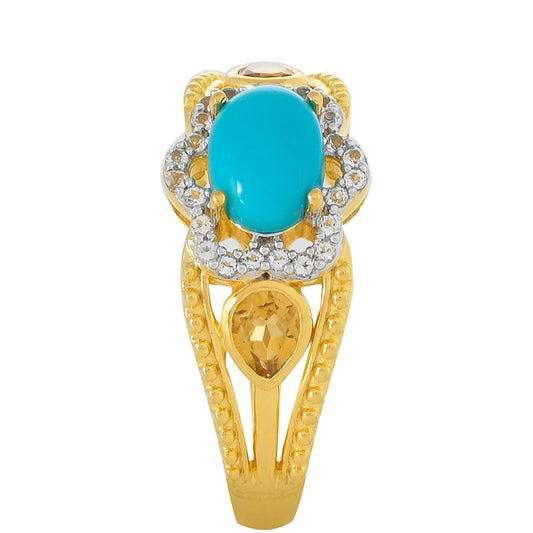 Pozlacené Stříbro 925/1000 - Prsten s Tyrkysem Sleeping Beauty a Citrínem - Karátové číslo: 1.12. přibližná hmotnost: 3.34 gramů