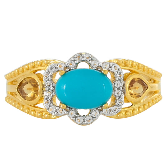 Pozlacené Stříbro 925/1000 - Prsten s Tyrkysem Sleeping Beauty a Citrínem - Karátové číslo: 1.12. přibližná hmotnost: 3.34 gramů