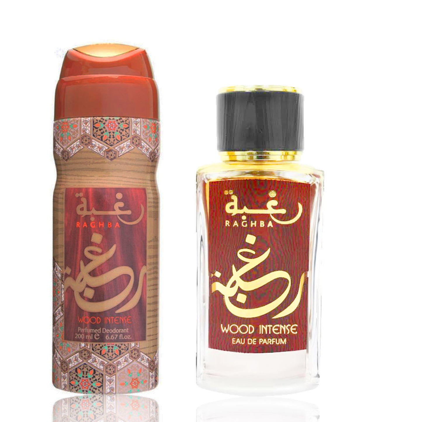100 ml Eau de Parfume Raghba Wood Intense + 200 ml Deo Dárková Sada Intenzivní Sladká Orientální Vůně pro Muže