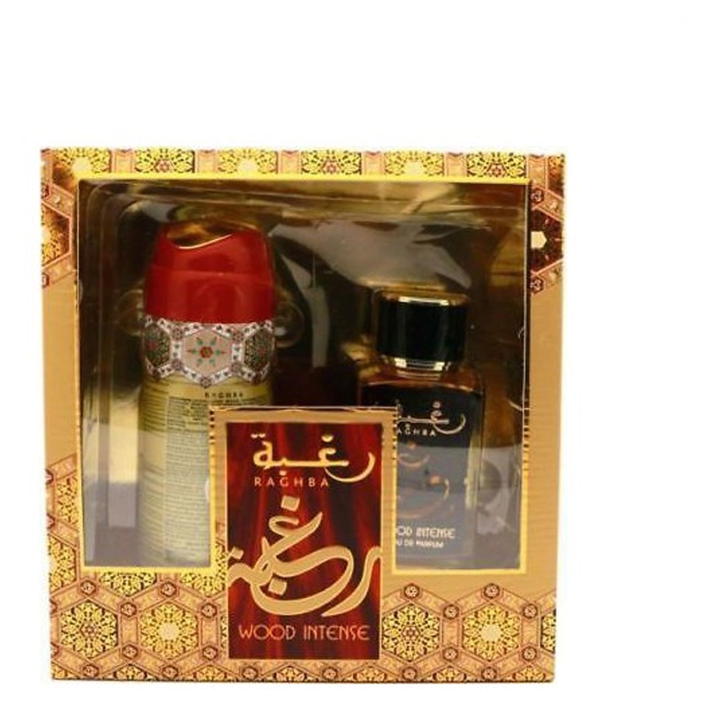 100 ml Eau de Parfume Raghba Wood Intense + 200 ml Deo Dárková Sada Intenzivní Sladká Orientální Vůně pro Muže
