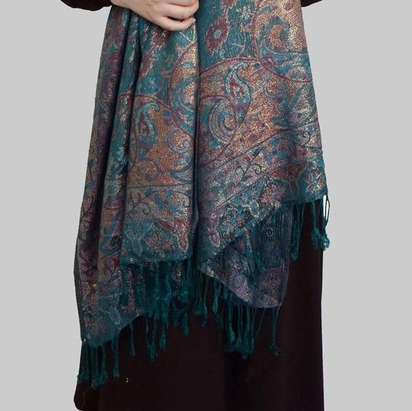 Šála-šátek ze 100% Pravého Pashmina Kašmíru, 70 cm x 180 cm, Zelenomodrá