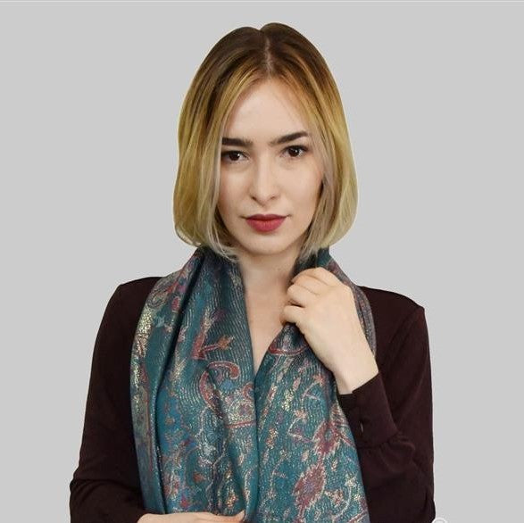 Šála-šátek ze 100% Pravého Pashmina Kašmíru, 70 cm x 180 cm, Zelenomodrá