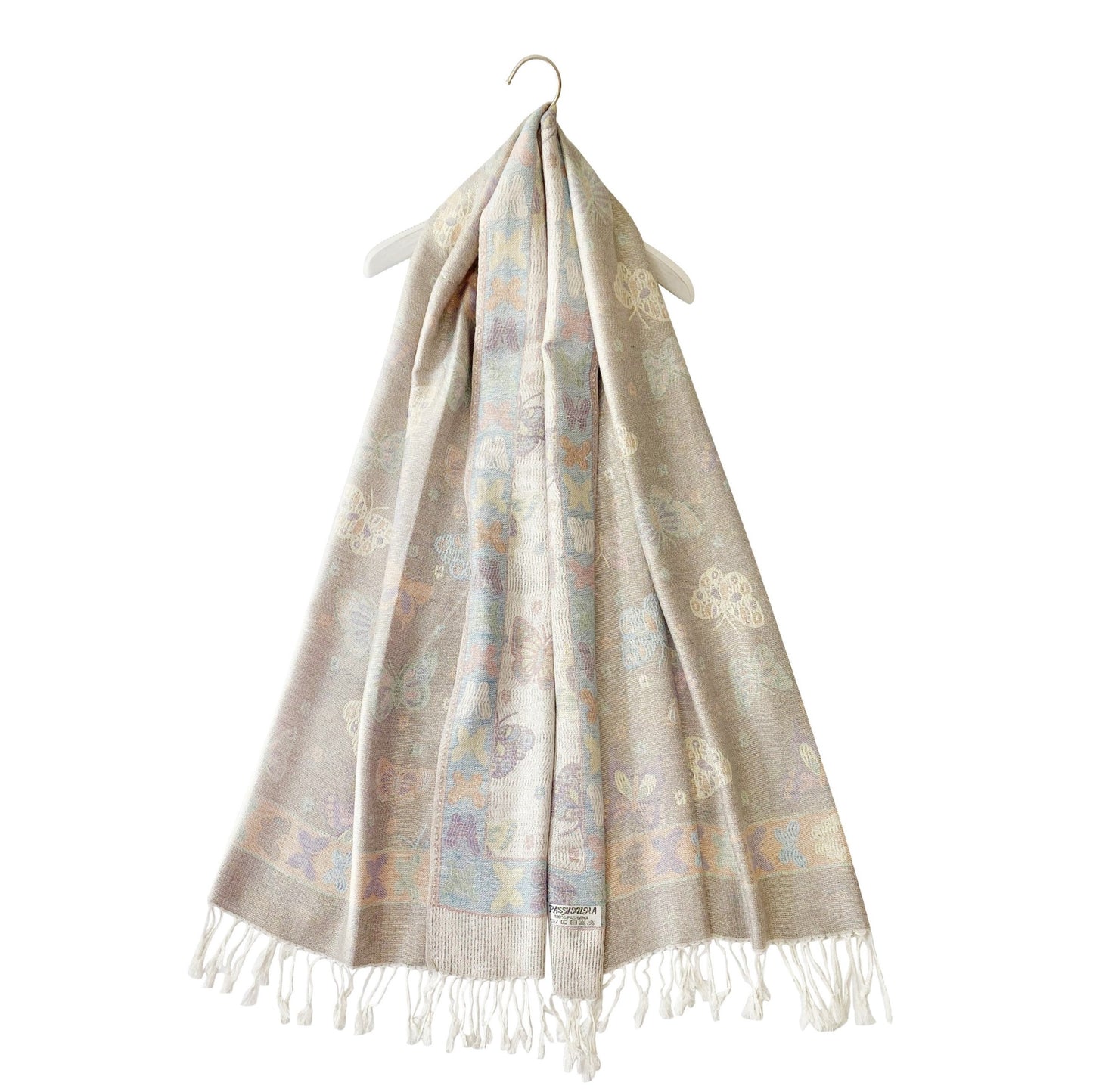 Šála-šátek ze 100% Pravého Pashmina Kašmíru, 70 cm x 170 cm, Lesklá bílá s motýlím vzorem