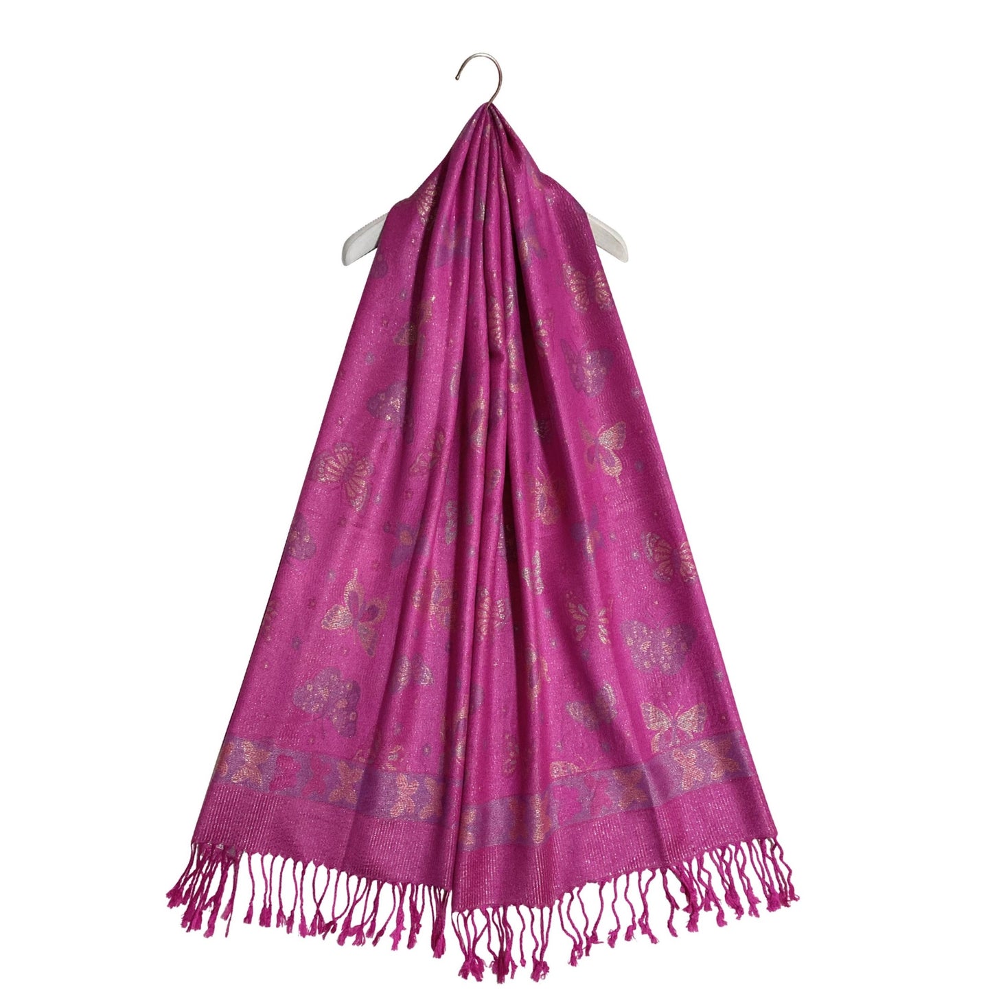 Šála-šátek ze 100% Pravého Pashmina Kašmíru, 70 cm x 170 cm, Lesklá fuchsiová růžová, Motýlí vzor