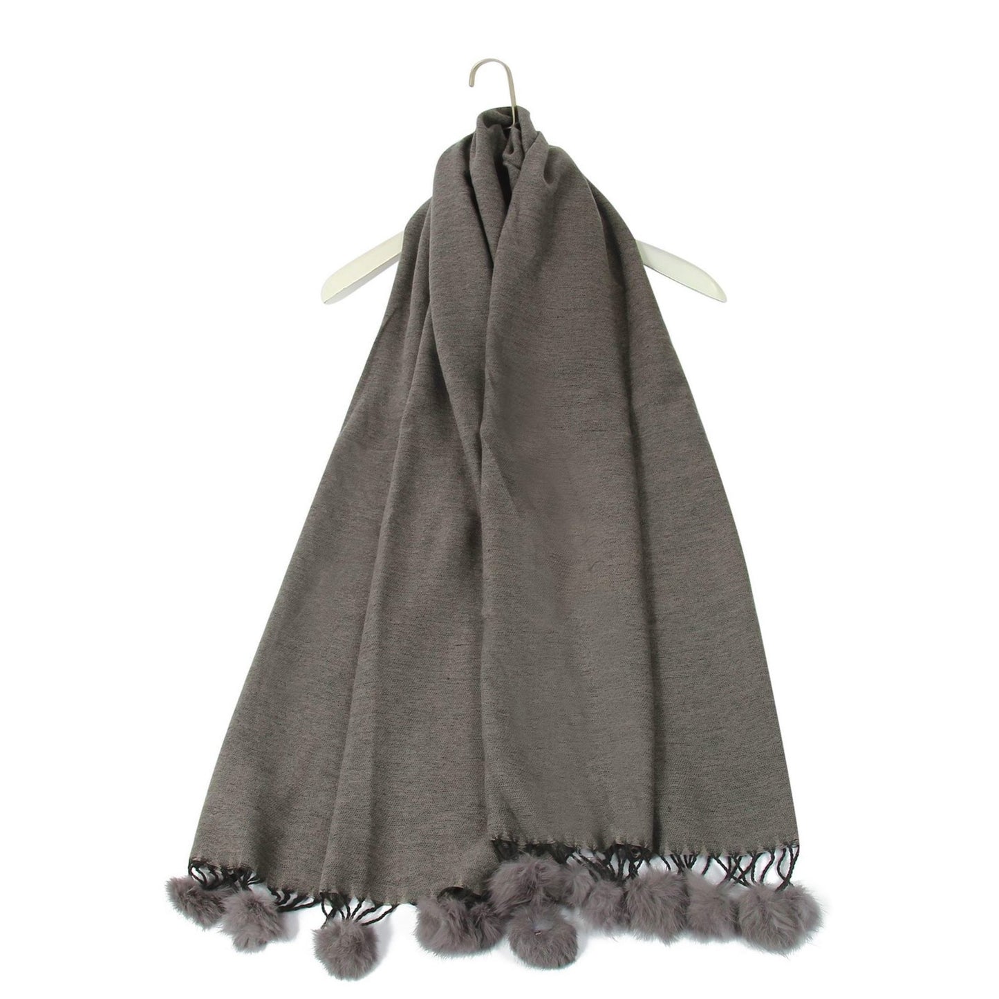 Šála-šátek s Pravou Pom Pom Kožešinou, 60 cm x 170 cm, Šedá