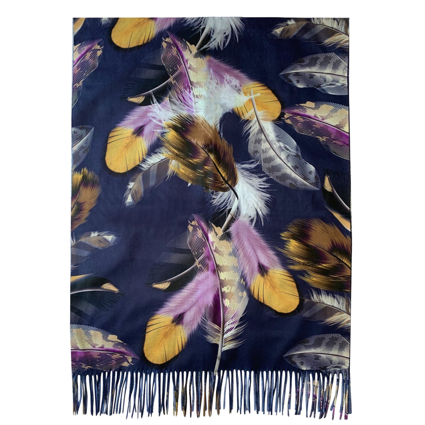 Vlněná šála-šátek, 70 cm x 180 cm, Motiv peří, Námořnická modrá