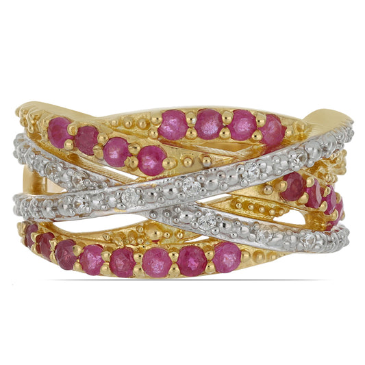 Pozlacené Stříbro 925/1000 - Prsten s Madagaskarským Rubínem a Přírodním Bílým Zirkonem - Karátové číslo: 1.34. přibližná hmotnost: 7.16 gramů