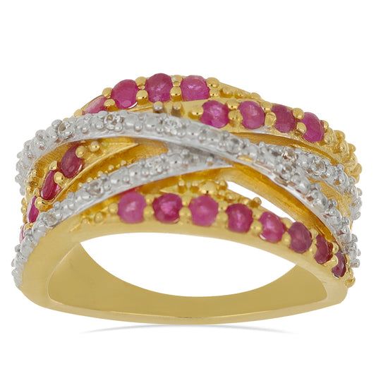 Pozlacené Stříbro 925/1000 - Prsten s Madagaskarským Rubínem a Přírodním Bílým Zirkonem - Karátové číslo: 1.34. přibližná hmotnost: 7.16 gramů