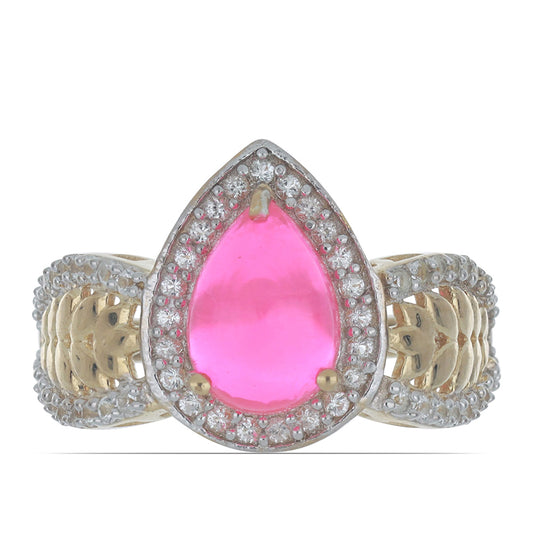 Pozlacené Stříbro 925/1000 - Prsten s Růžovým Opálem z Lega Dembi a Bílým Topazem - Karátové číslo: 1.71. přibližná hmotnost: 4.02 gramů
