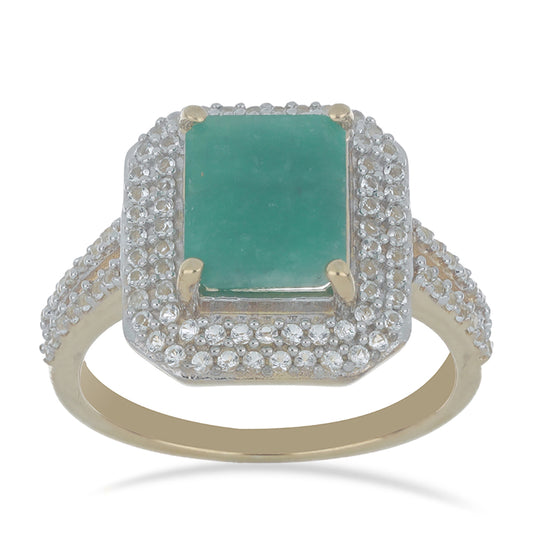 Pozlacené Stříbro 925/1000 - Prsten s Brazilským Smaragdem a Bílým Topazem - Karátové číslo: 3.98. přibližná hmotnost: 4.72 gramů